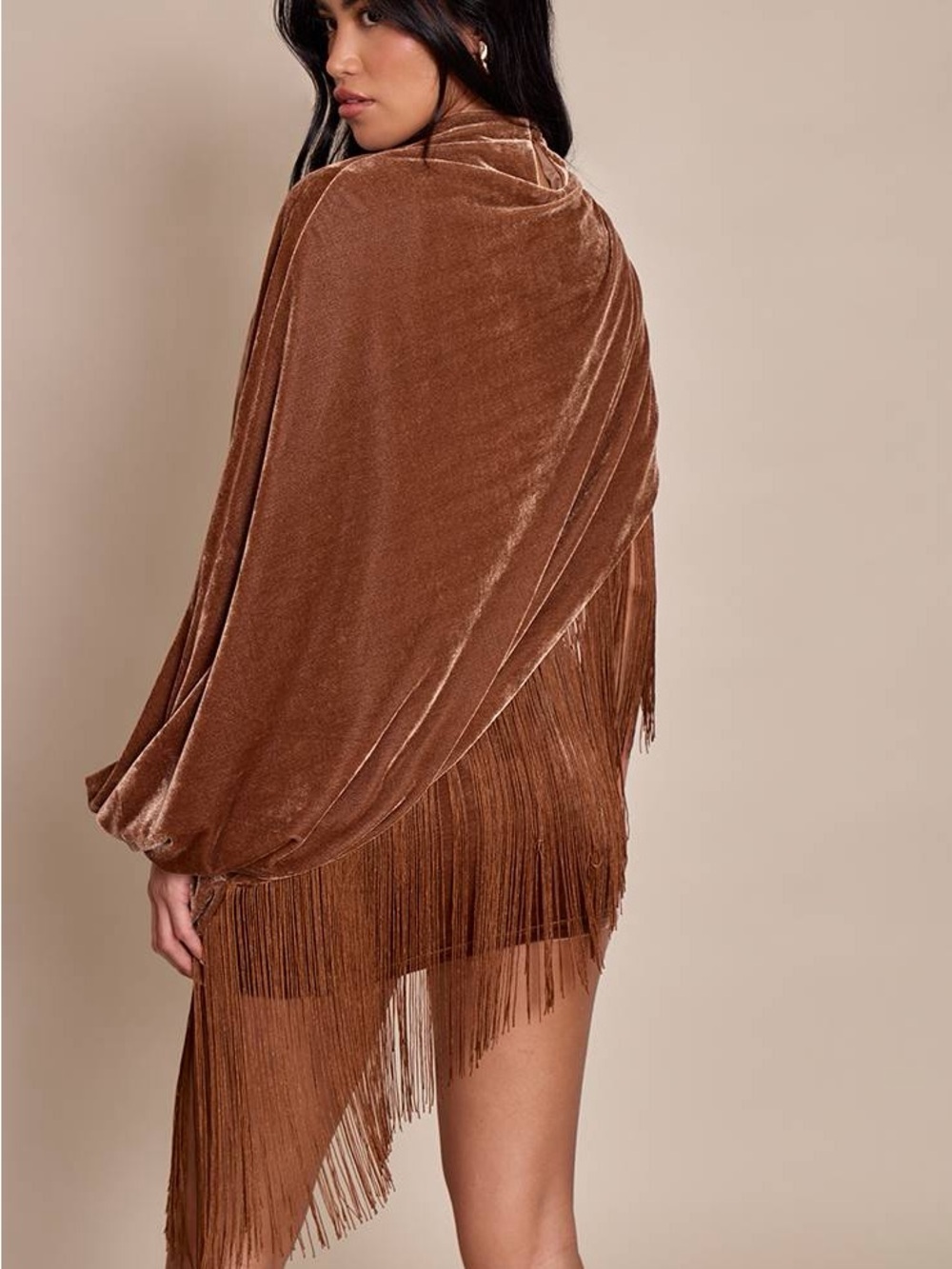 PrettyLittleThing Brown Velvet Fringe Mini Dress - Picture 2 of 6